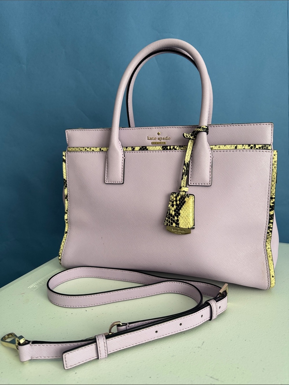 kate spade Lilac Satchel with Yellow Snake-Accent Trim